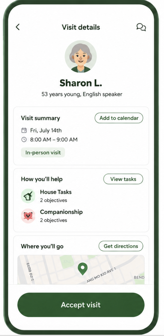 See visit details, senior profile, timing, tasks, and directions.