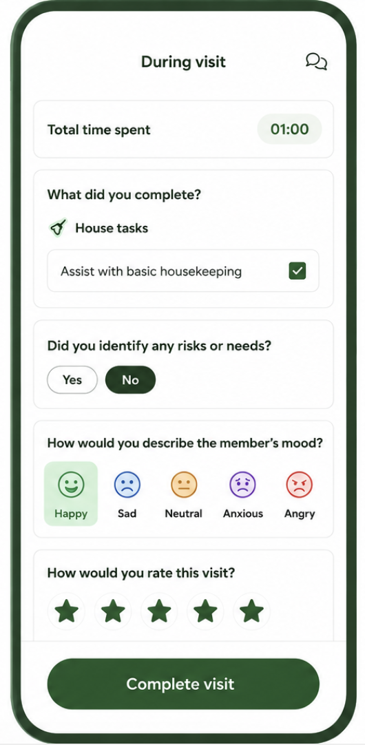 Complete visit feedback, safety checks, mood check-ins, and service ratings.