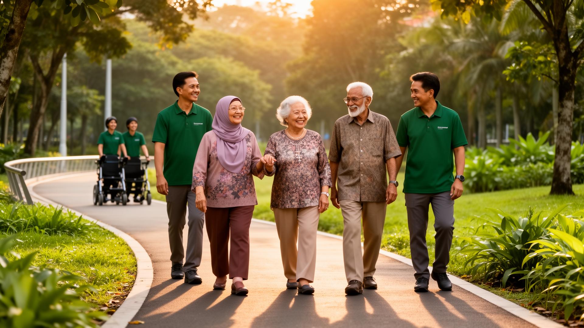 Multiracial elderly Singaporeans walking with companions in a park connector
