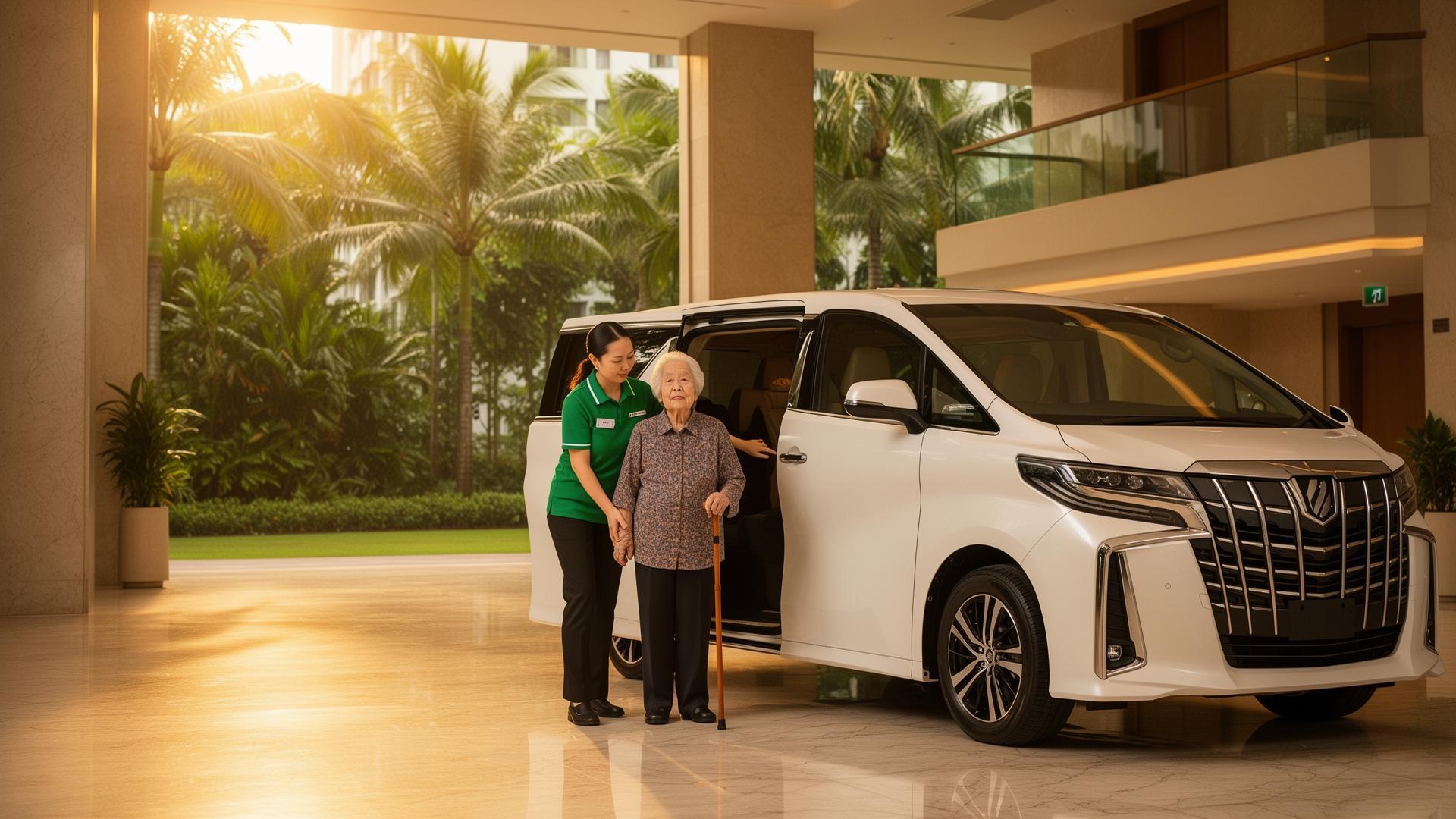 MobiCare companion assisting an elderly Singaporean lady into a premium MPV